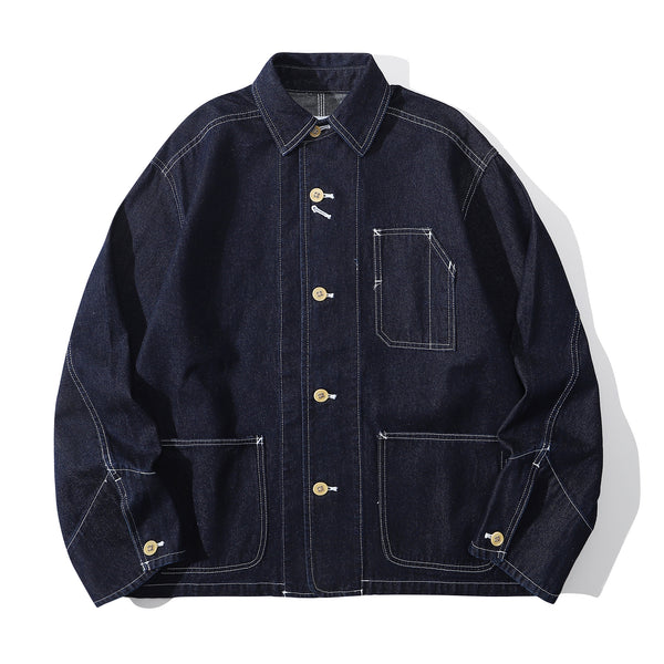 Front view of a Hong Kong made ih relaxed fit denim workwear jacket in premium japanese cotton denim
