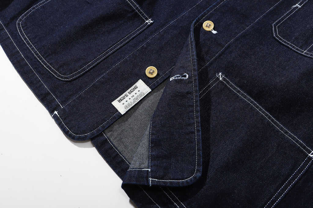 ih denim japanese cotton workwear jacket bottom hem and brand woven label