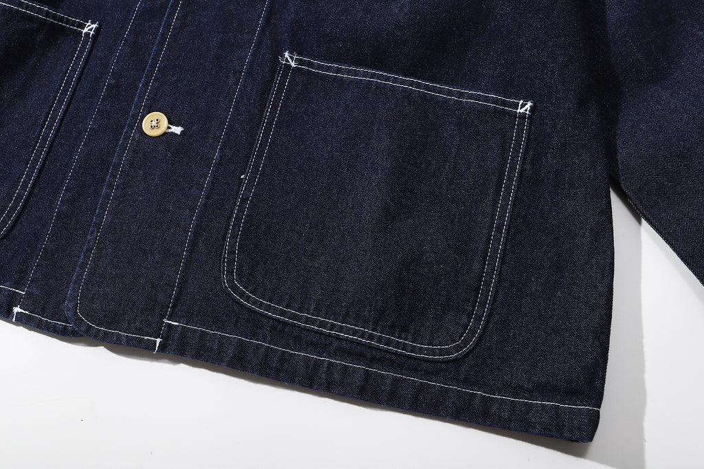 ih denim japanese cotton workwear jacket front patch pockets with contrast stitching