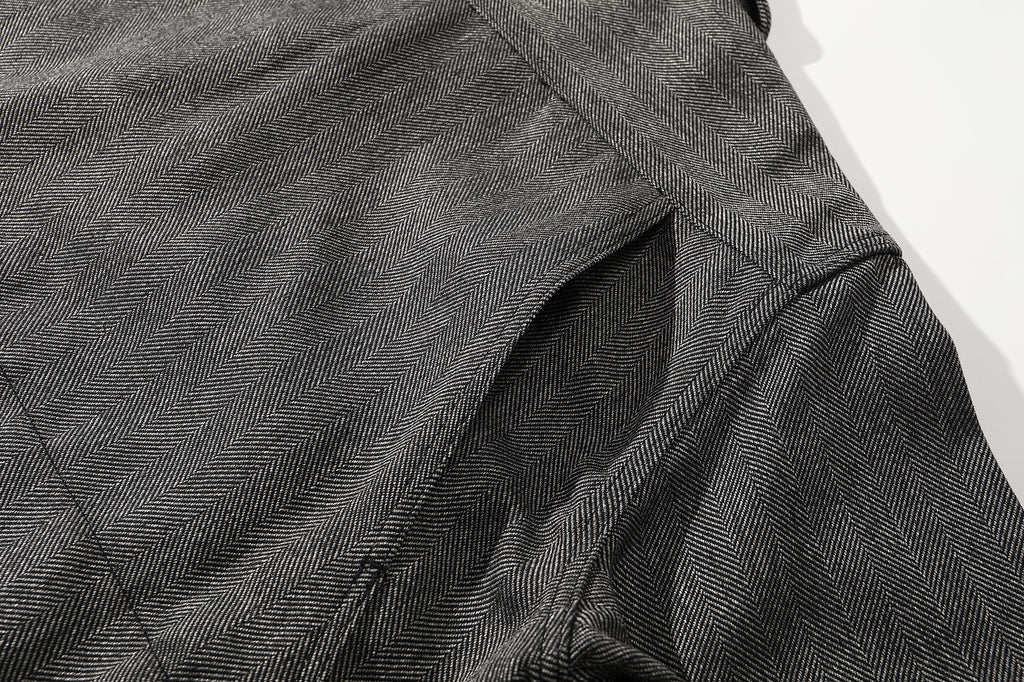 ih grey herringbone wool jacket rear upper pocket flap and compartment detail