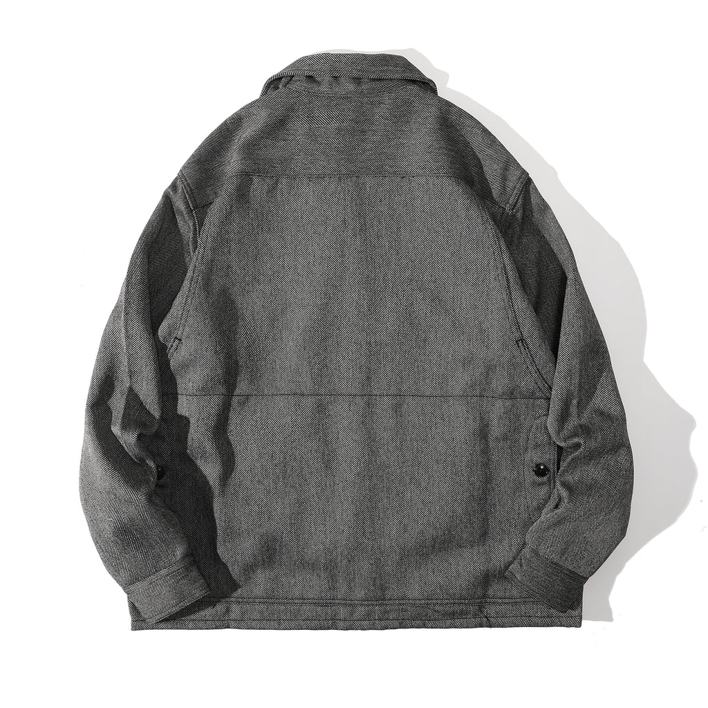 ih grey herringbone wool jacket full back view showing functional structure