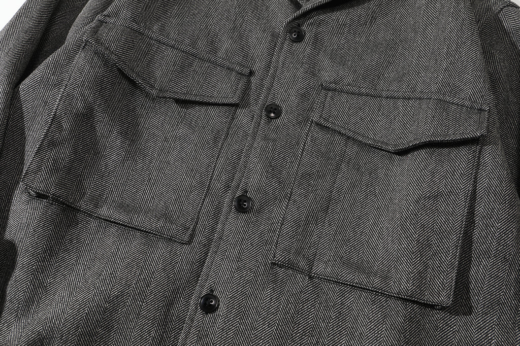 ih grey herringbone wool jacket front chest flap pocket detail