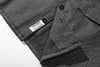 ih grey herringbone wool jacket bottom hem corozo button and brand woven label detail