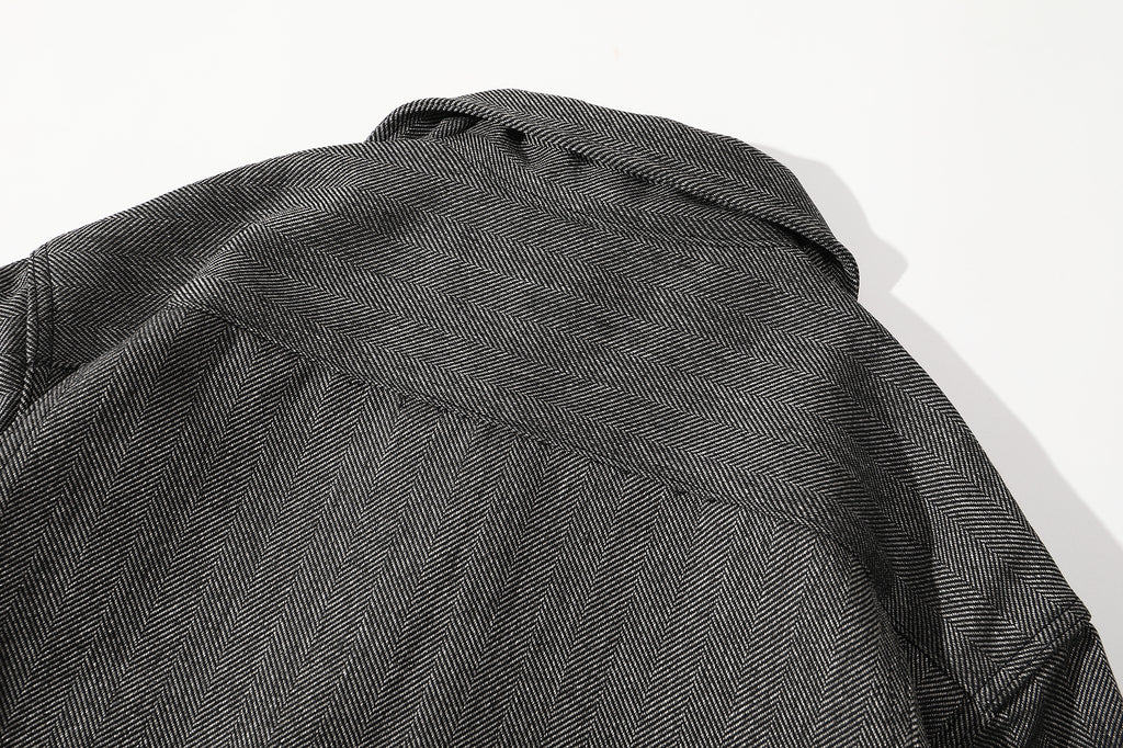 ih grey herringbone wool jacket close up of upper back shoulder tailoring