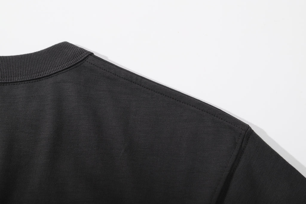 ribbed crew neck and clean shoulder seam construction