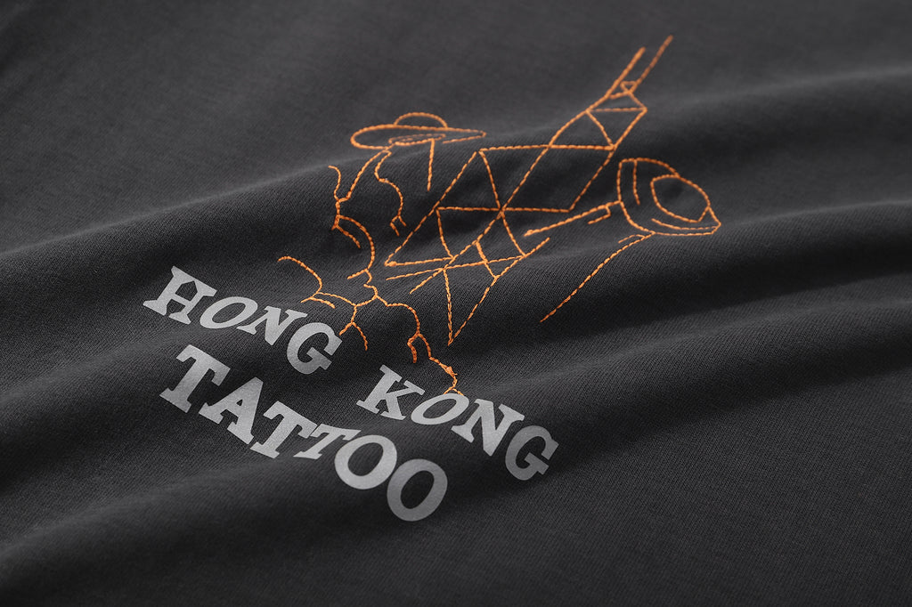ih grey cotton t shirt close up of the tattoo inspired ufo embroidery design