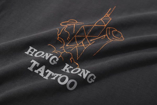 ih grey cotton t shirt close up of the tattoo inspired ufo embroidery design