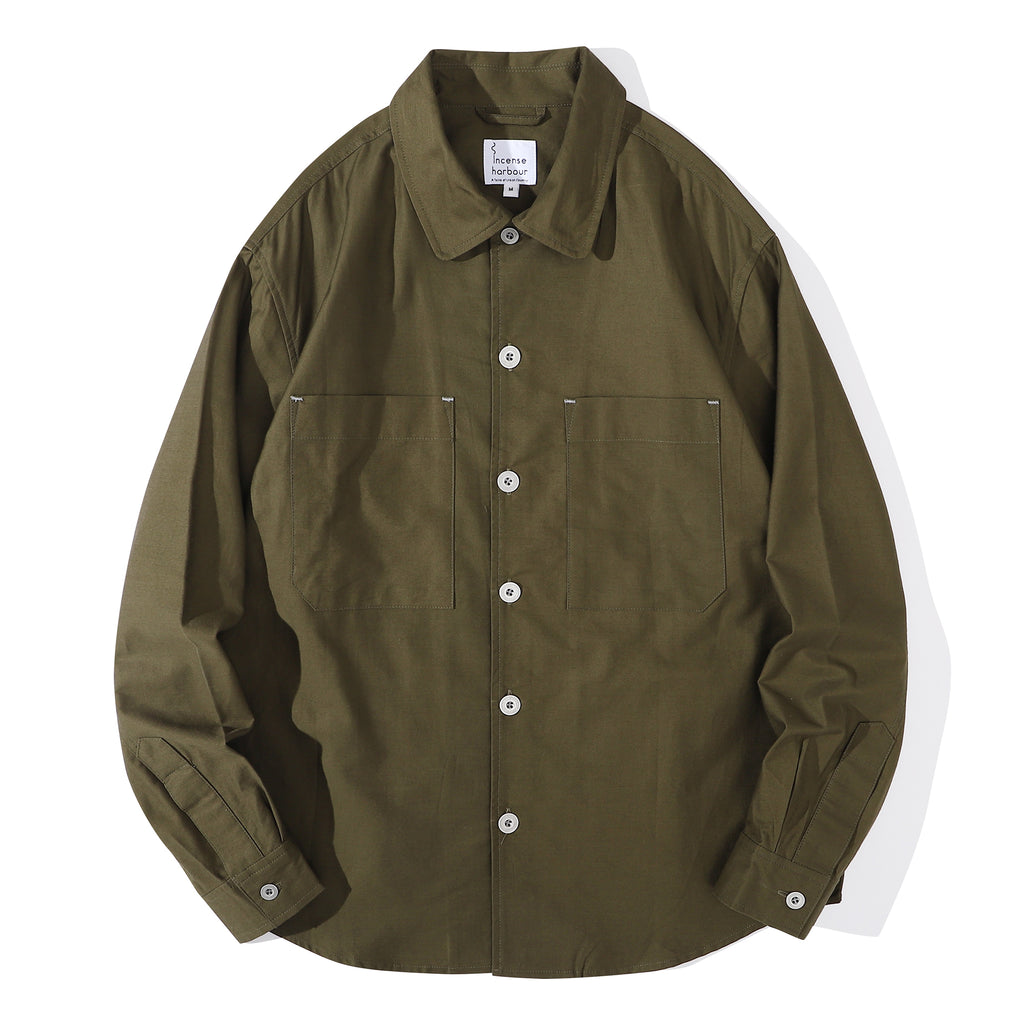 Front view of a Hong Kong made ih relaxed fit cotton sateen shirt in hunter green