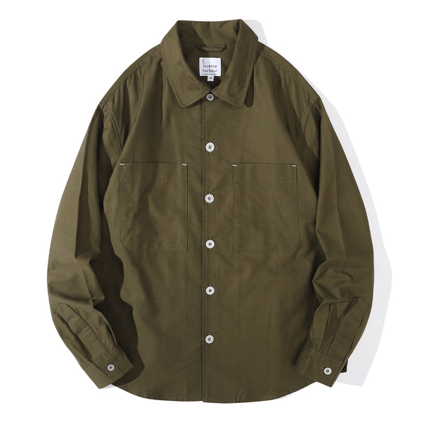 Front view of a Hong Kong made ih relaxed fit cotton sateen shirt in hunter green