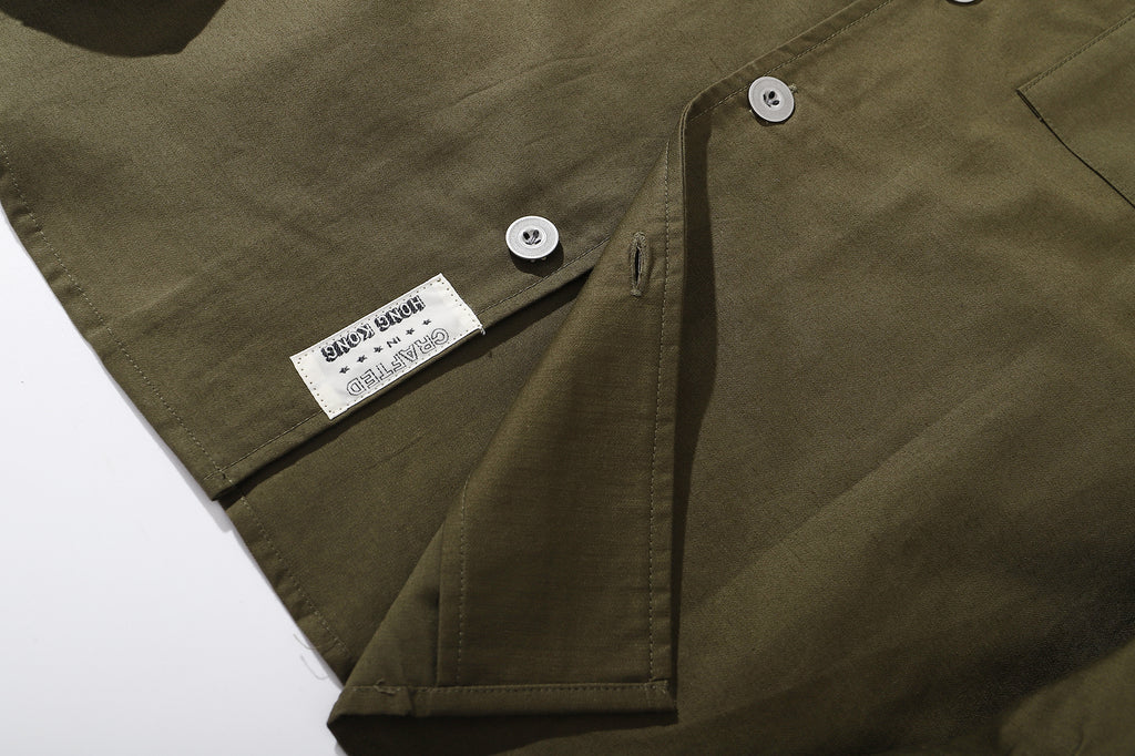 ih hunter green cotton sateen shirt bottom hem with brand woven label