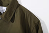 ih hunter green cotton sateen shirt detailed close up of the clean shoulder construction
