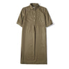 Front view of a Hong Kong made ih loose fit cotton twill shirt dress in hunter green