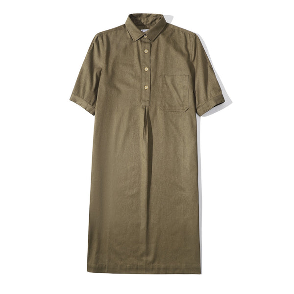 Front view of a Hong Kong made ih loose fit cotton twill shirt dress in hunter green