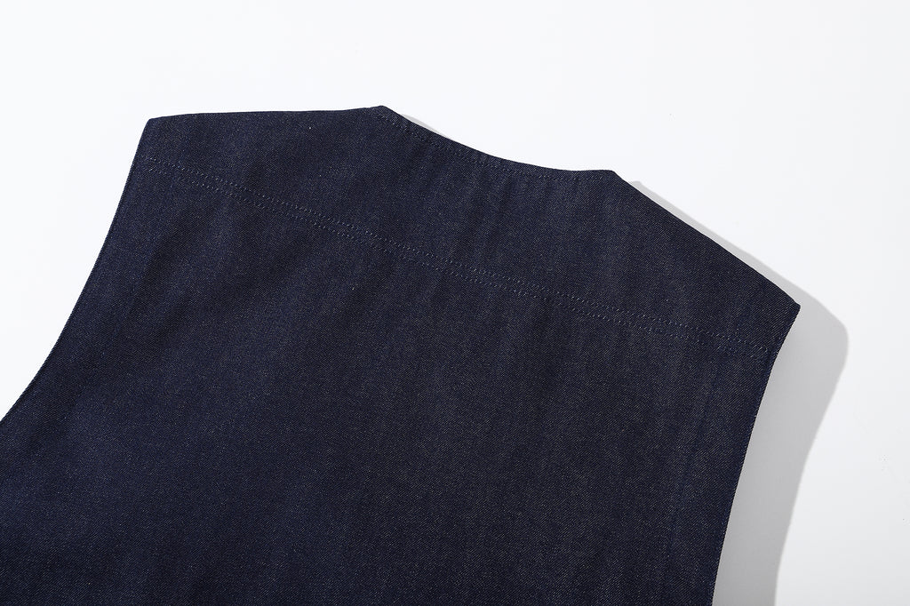 ih japanese denim jerkin vest close up of the back neck area
