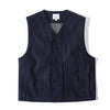 Front view of a Hong Kong made ih relaxed fit japanese denim jerkin vest