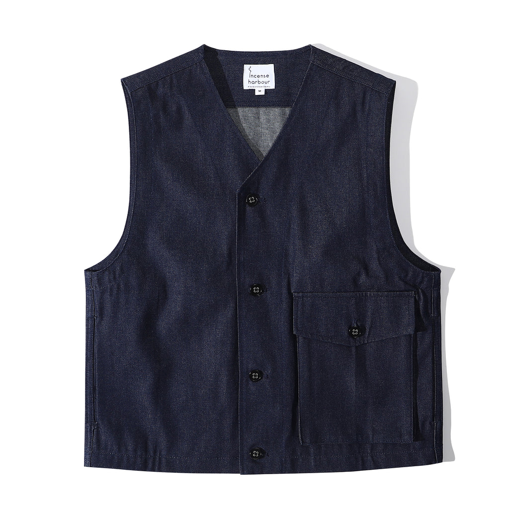 Front view of a Hong Kong made ih relaxed fit japanese denim jerkin vest
