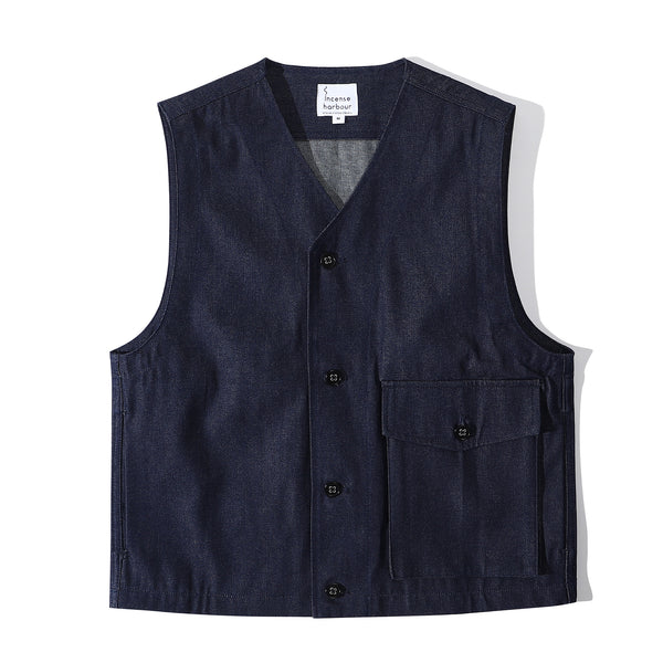 Front view of a Hong Kong made ih relaxed fit japanese denim jerkin vest