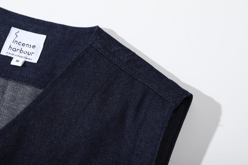 ih japanese denim jerkin vest showing clean shoulder construction