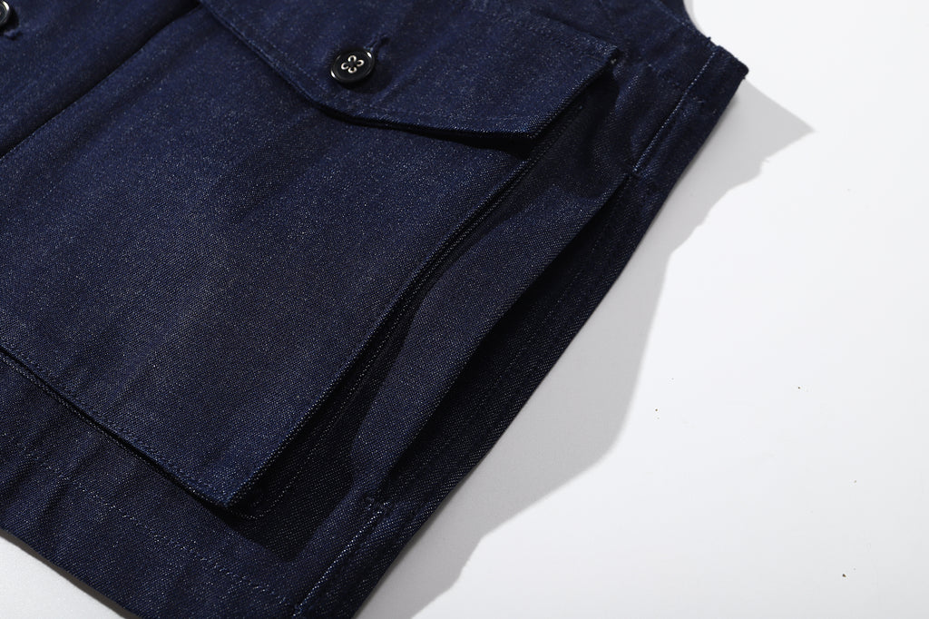 ih japanese denim jerkin vest showing the side pocket construction