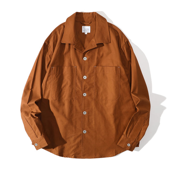 Front view of a Hong Kong made mud yellow cotton sateen shirt front view