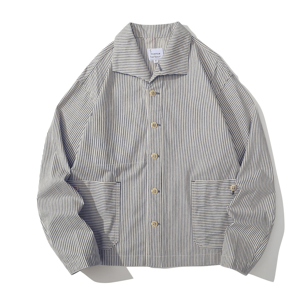 Front view of a Hong Kong made navy stripe swallow collar jacket front view
