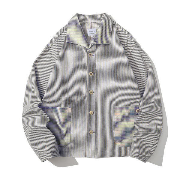 Front view of a Hong Kong made navy stripe swallow collar jacket front view