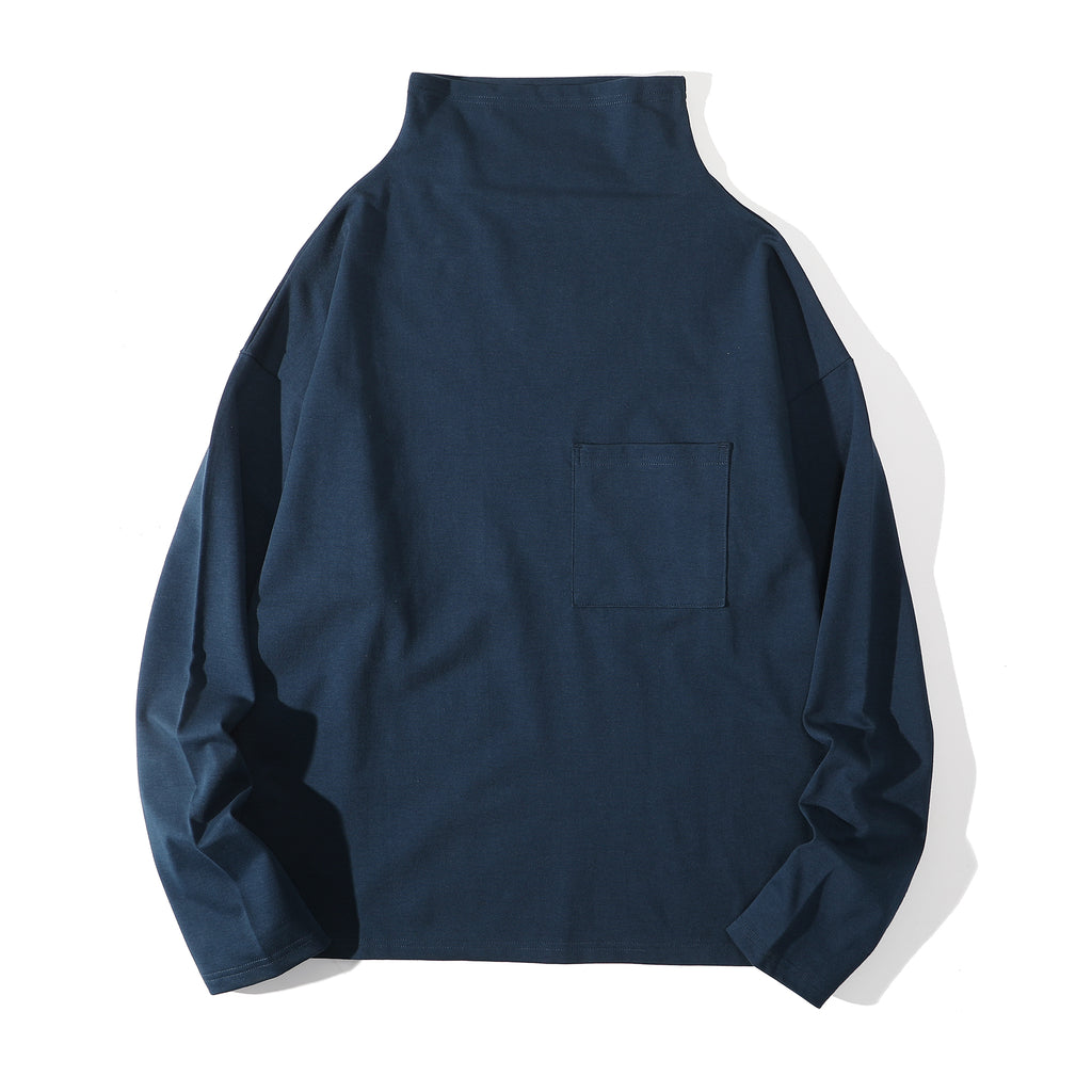 Front view of a Hong Kong made ih relaxed fit japanese cotton turtle neck jumper in navy front view