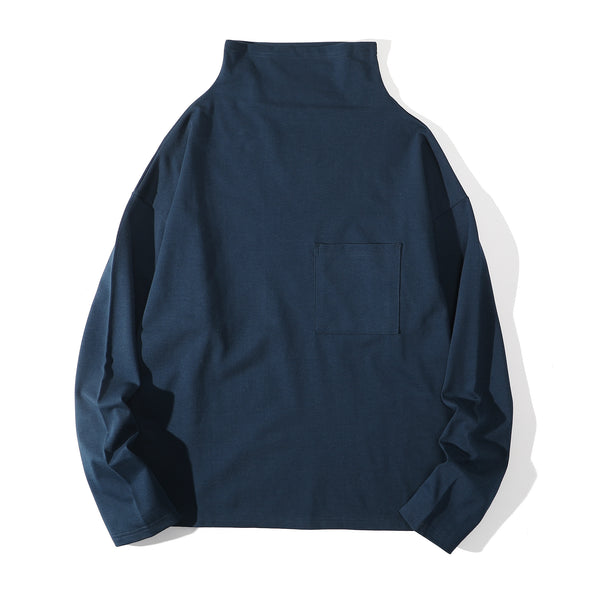 Front view of a Hong Kong made ih relaxed fit japanese cotton turtle neck jumper in navy front view