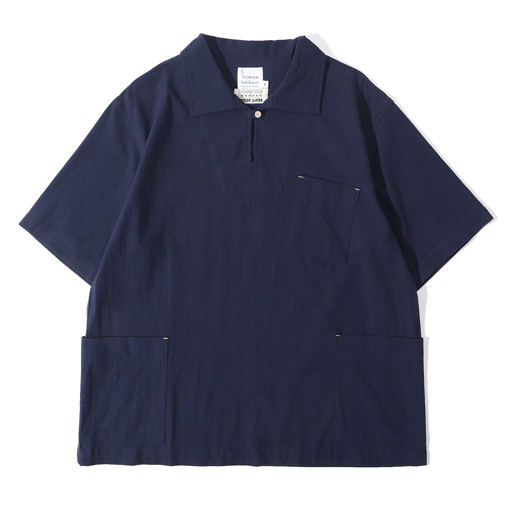 Front view of a Hong Kong made ih relaxed fit and boxy cut sailor over shirt in navy blue