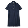 Front view of a Hong Kong made ih loose fit and A line cotton twill shirt dress in navy
