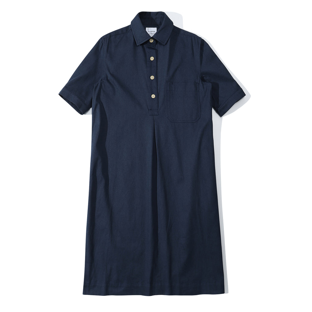 Front view of a Hong Kong made ih loose fit and A line cotton twill shirt dress in navy