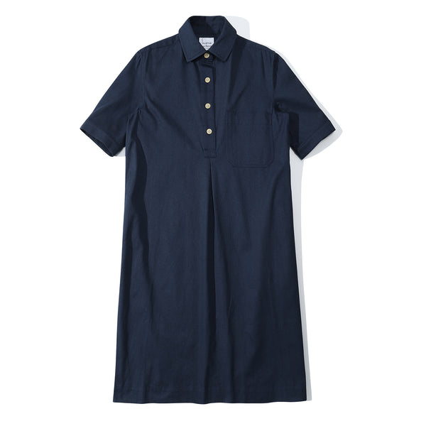 Front view of a Hong Kong made ih loose fit and A line cotton twill shirt dress in navy