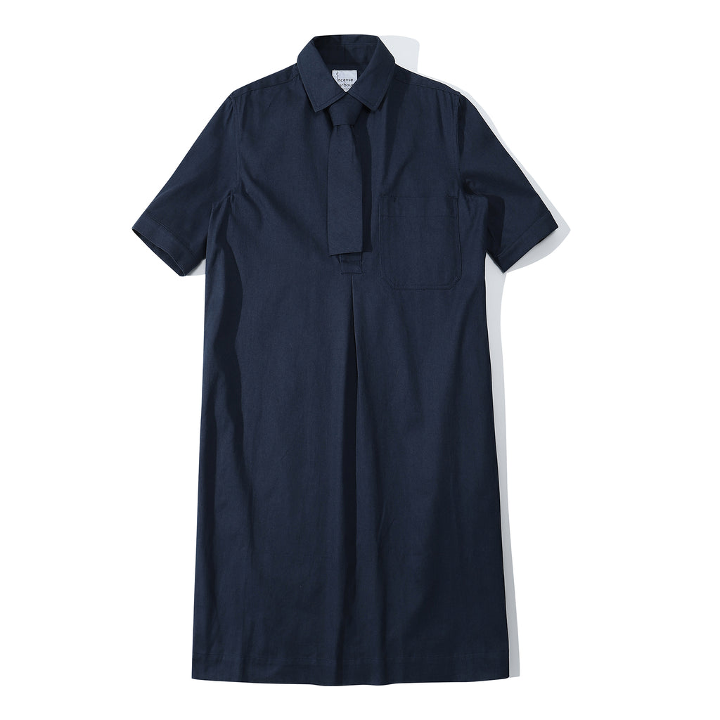 ih navy cotton shirt dress styled with the separated tie