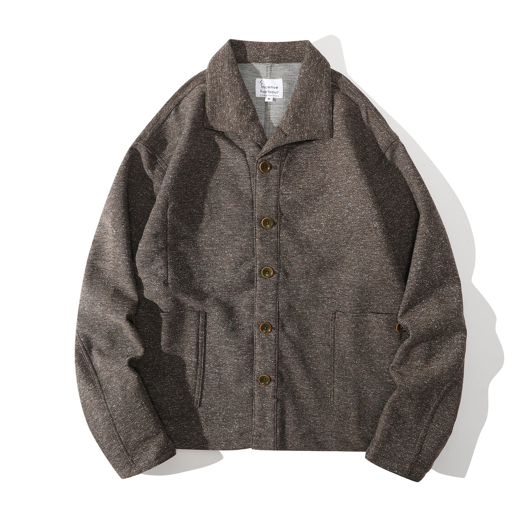 Front view of a Hong Kong made nepped stone brown swallow collar jacket front view