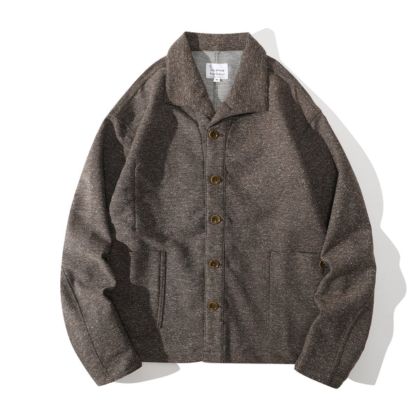 Front view of a Hong Kong made nepped stone brown swallow collar jacket front view