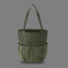 Front view of a Hong Kong made ih high capacity cylindrical waterproofed tool tote bag in olive green