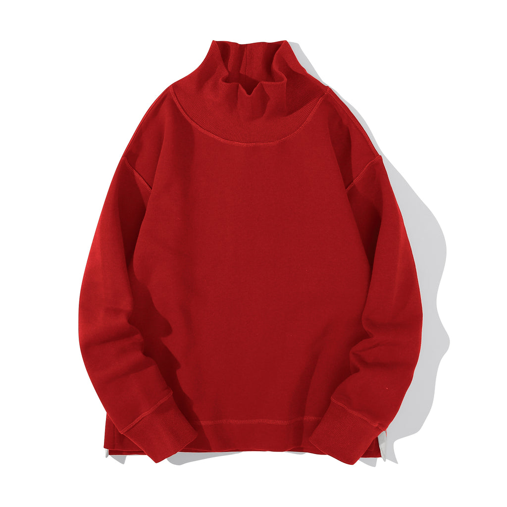 Front view of a Hong Kong made ih relaxed fit oversized cotton turtleneck jumper in red