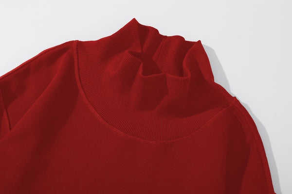 ih red turtleneck jumper close up of  cozy oversized ribbed mock turtleneck collar