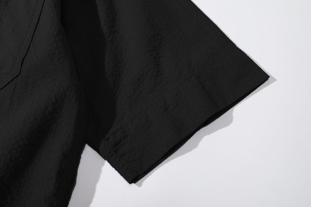 close up of sleeves seersucker fabric texture on incense harbour summer shirt