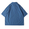 back view of a Hong Kong made ih relaxed fit boxy cut polo collar seersucker shirt in steel blue