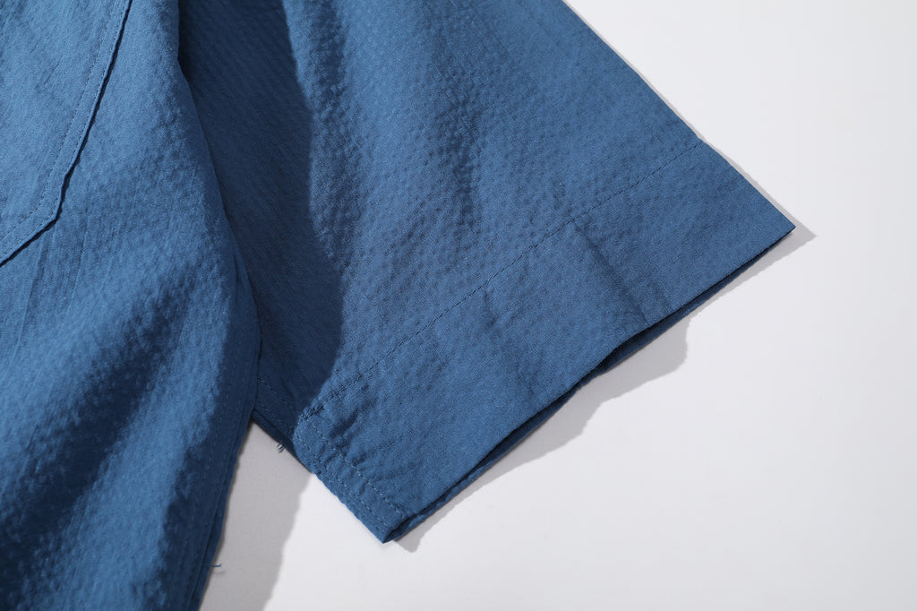 ih steel blue seersucker polo shirt clean finished short sleeve cuffs