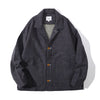 Front view of a Hong Kong made ih relaxed fit crop work jacket in napped stone blue