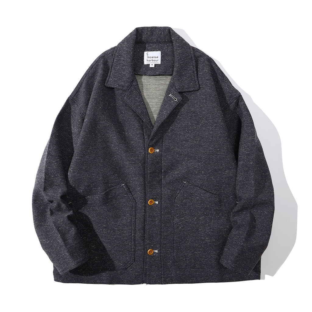 Front view of a Hong Kong made ih relaxed fit crop work jacket in napped stone blue