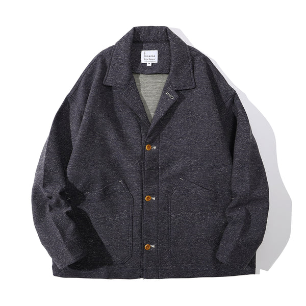 Front view of a Hong Kong made ih relaxed fit crop work jacket in napped stone blue
