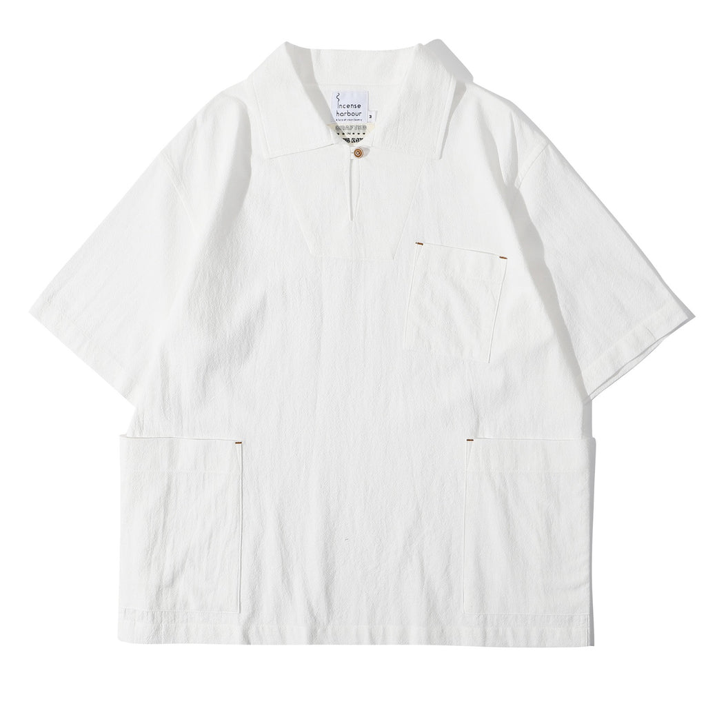 Front view of a Hong Kong made ih relaxed fit and boxy cut sailor over shirt in textured white