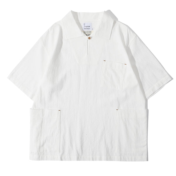 Front view of a Hong Kong made ih relaxed fit and boxy cut sailor over shirt in textured white