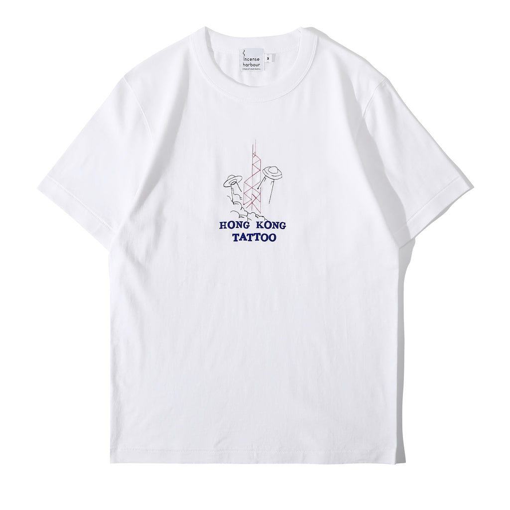 Front view of a Hong Kong made ih regular fit suede finished cotton tattoo inspired ufo t shirt in white