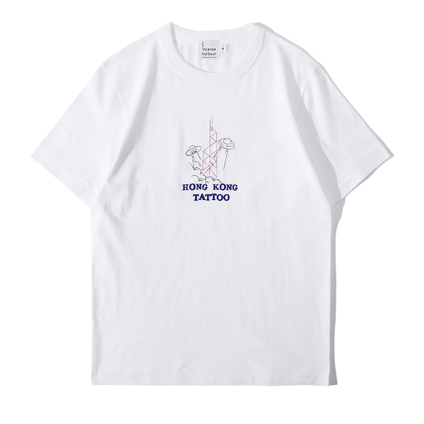 Front view of a Hong Kong made ih regular fit suede finished cotton tattoo inspired ufo t shirt in white