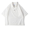 Front view of a Hong Kong made ih relaxed fit seersucker polo shirt in white