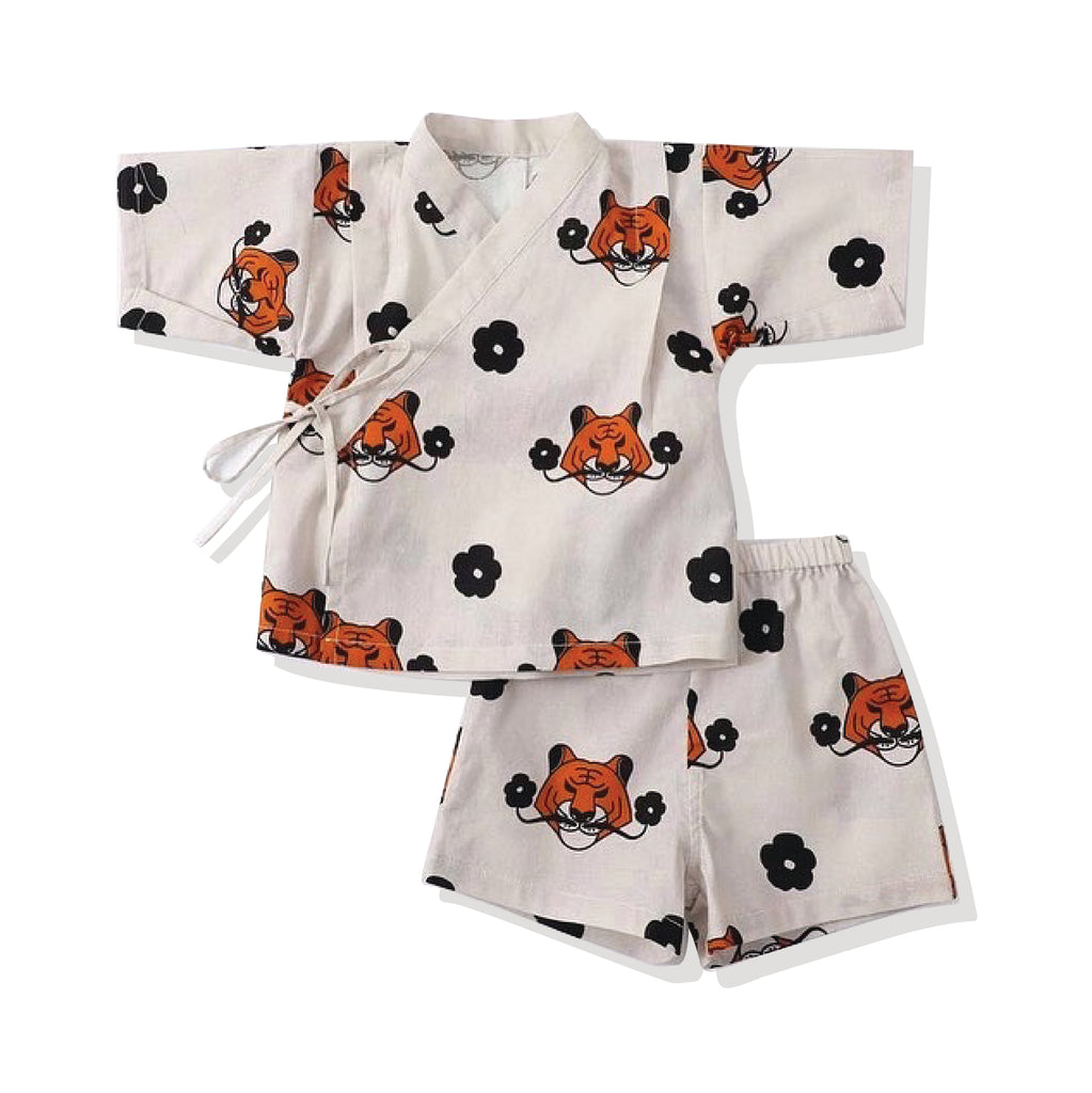 Baby kimono and short set - almond tiger